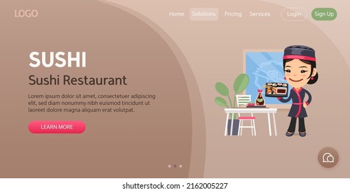 Sushi Restaurant Website Template. Illustration Of A Cartoon Illustration Of A Smiling Chef Holding A Plate With Sushi. Composition With A Professional. Flat Female Character.