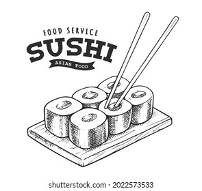 Sushi Retro Emblem. Logo template with black and white letters and sushi sketch. EPS10 vector illustration.