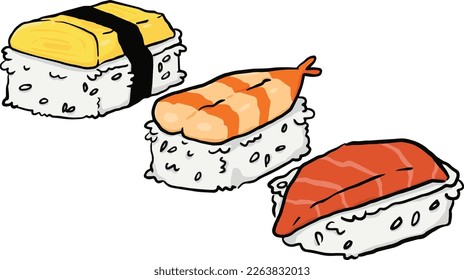 sushi, rice ball with tamago, shirmp,and salmon there are traditional  and famous menu on Japan 