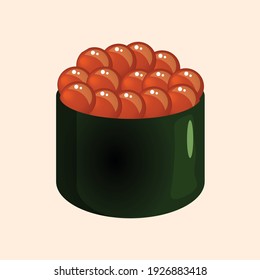 Sushi with rice, nori and caviar. Vector illustration of traditional Japanese food for stickers, web, site, menu, store, restaurant, icons. Gunkan maki.