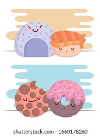 sushi rice roll donut and cookie menu character cartoon food cute vector illustration
