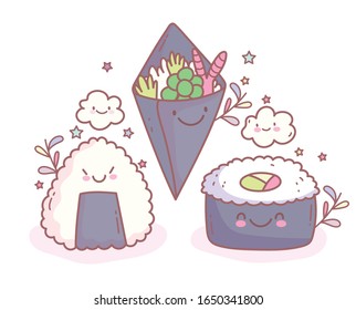 sushi rice and temaki salad cartoon food cute vector illustration