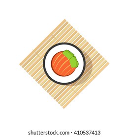 Sushi roll with abstract vegetables, salmon ingredients on rolling wooden mat isolated on white background, flat cartoon logo element design