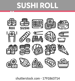 Sushi Roll Asian Dish Collection Icons Set Vector. Sushi Roll Set Japanese Traditional Food Cooked From Rice And Fish, Shrimp And Cheese Concept Linear Pictograms. Monochrome Contour Illustrations