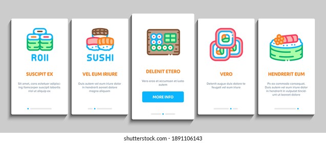 Sushi Roll Asian Dish Onboarding Mobile App Page Screen Vector. Sushi Roll Set Japanese Traditional Food Cooked From Rice And Fish, Shrimp And Cheese Illustrations