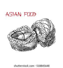Sushi and Roll.  Asian food, vector illustration isolated on white background.