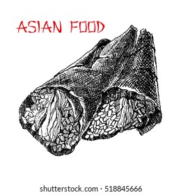 Sushi and Roll.  Asian food, vector illustration isolated on white background.