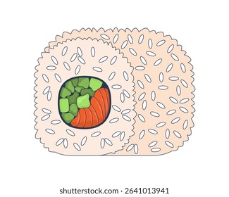 Sushi roll with avocado and salmon 2D cartoon object. Vegetable chunks and fish slices wrapped in rice. Japanese food. Asian cuisine isolated element flat vector clip art on white. Spot illustration