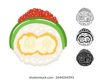 Sushi roll avocado shrimp caviar symbol cartoon set. Traditional Asian Japanese food linear doodle icon. Sushi seafood vector illustration. Doodle design sign for oriental menu, cafe, bar, restaurant