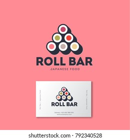 Sushi Roll bar flat logo. Japanese food emblem. Rolls on a pink background. Identity, business card.