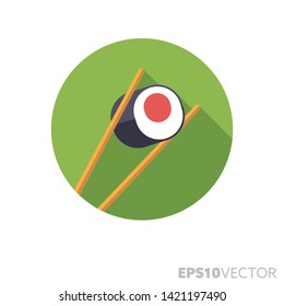 Roda de sushi entre palillos de diseño plano icono redondo. Símbolo de color de la comida y el marisco asiáticos. Ilustración vectorial de sombra larga en un círculo aislado sobre fondo blanco.