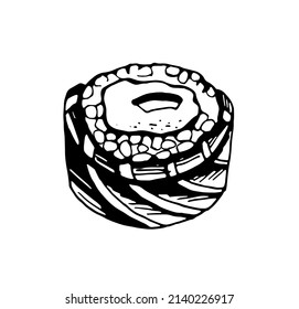 Sushi roll. Black and white illustration. Vector clipart