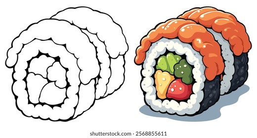 Sushi Roll Black and White Line Art Vector Illustration with Coloring Sample. Food and Snacks Coloring Pages for Adults and Kids.