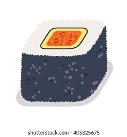 Sushi roll with capelin roe, japanese food cartoon icon. Isolated on white background. Vector cartoon, roll with capelin roe. Hand draw style
