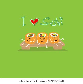 sushi roll carton with sweet face playing together on bamboo sushi plates.funny vector illustrator