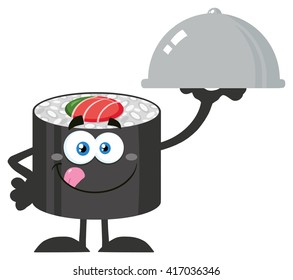 Sushi Roll Cartoon Mascot Character Licking His Lips And Holding A Cloche Platter. Vector Illustration Flat Style Isolated On White