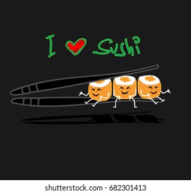sushi roll cartoon playing with chopstick.funny vector illustrator