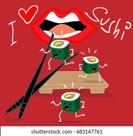 Sushi roll cartoon running away from chopstick and mouth. funny vector illustrator