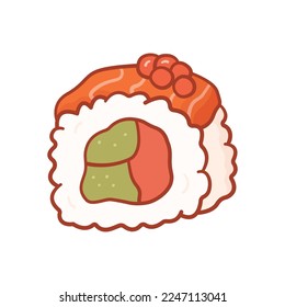 Sushi roll in cartoon style. Asian food in doodle style. Vector illustration isolated on white background