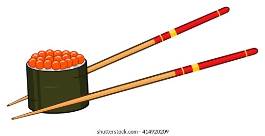 Sushi Roll With Caviar And Chopsticks. Vector Illustration Isolated On White