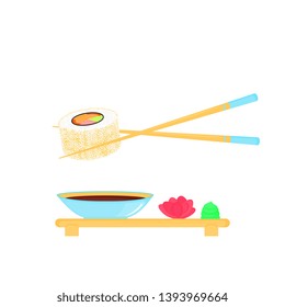 Sushi Roll with caviar of red fish. Traditional japanese food. Soy sauce, ginger, wasabi, chopsticks, plate.