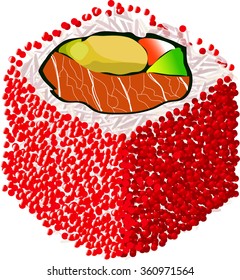 Sushi roll with caviar, salmon and avocado, isolated on white background, vector illustration