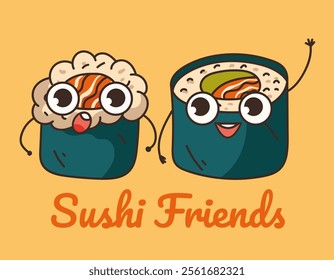 Sushi roll characters with soy sauce isolated set. Vector flat cartoon design element illustration