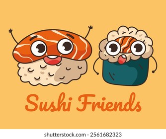 Sushi roll characters with soy sauce isolated set. Vector flat cartoon design element illustration