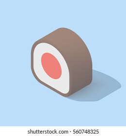 Sushi roll. Chocolate sweet with red strawberry jam. Vector isometric illustration. Isolated on blue background.