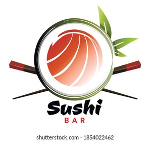 Sushi roll with chopsticks and bamboo leaves. Logo design for sushi restaurant. 