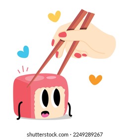 Sushi roll with chopsticks, flat vector 