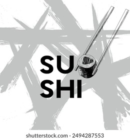 Sushi Roll with Chopsticks - Hand Drawn Sketch Vector Illustration