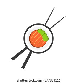 Sushi roll with chopsticks logo, sushi restaurant logotype, sushi bar symbol, sushi roll flat icon, sushi close up emblem, cartoon vector illustration modern simple design isolated on white background