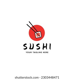 Sushi Roll with Chopsticks Logo Vector Design Illustration Abstract on White Background. Japan Cuisine. Salmon Fish Roll on Red Circle for Branding Identity, Banner, Outdoor Advertising, Web, Menu.