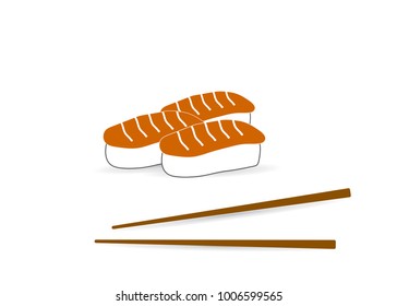 
Sushi and roll with chopsticks on white background, color logo template. Monochrome Japanese cuisine
