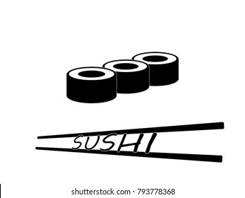 Sushi and roll with chopsticks on white background, black logo template. Monochrome Japanese cuisine.