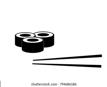 Sushi and roll with chopsticks on white background, black logo template. Monochrome Japanese cuisine.