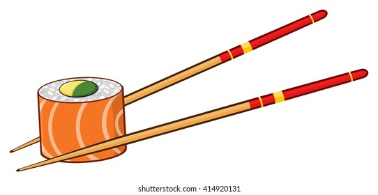 Sushi Roll With Chopsticks. Vector Illustration Isolated On White