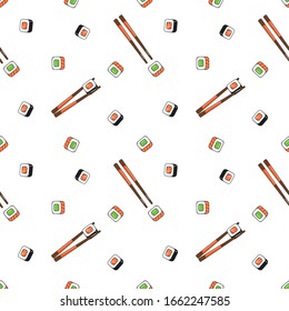 Sushi roll with chopsticks vector pattern. Asian food seanless pattern. Different type of rolls.