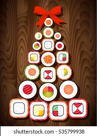 Sushi roll Christmas tree with red bow on wooden table background. Food for Christmas and New Year party.