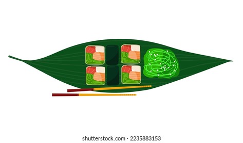 Sushi roll and chukka Wakame seaweed salad with sesame seeds on bamboo leaf. Fresh food isolated on white background. Traditional japanese food. Vector illustration For menu, recipe, restaurant