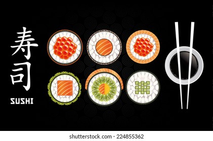 Sushi roll collection with chopsticks and soy illustrations