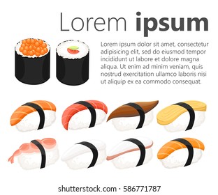 Sushi roll collection Colorful sushi set of different types chopsticks and bowls