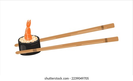 Sushi roll. Concept of snack, sushi, exotic nutrition, sushi restaurant, sea food. Vector illustration isolated on white background.	