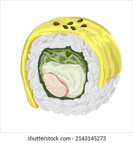 Sushi roll with daikon, cream cheese, crab. Isolated vector illustration.