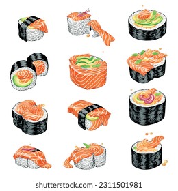 Sushi roll with delicious fish salmon, eel, perch and avocado on a white background vector 3D graphics for a restaurant