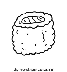 El sushi roda en forma de doodle. Ilustración vectorial alimento asiático en estilo de dibujo lineal sobre fondo blanco