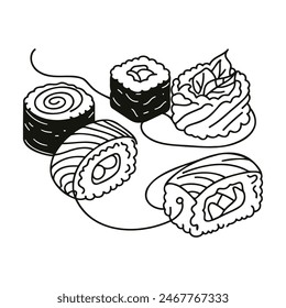 Sushi roll drawn one continuous line pattern