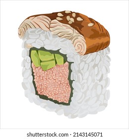 Sushi roll with eel, crab and avocado. Isolated vector illustration.