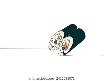 Rollo de sushi, Ehomaki, Sushi Summer Rolls, arte de una línea. Dibujo continuo en línea de sushi, japonés, comida, rollo, cultura, sabroso, restaurante, japonés, asiático, mar, menú